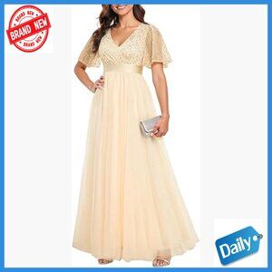 Sequin Tulle Formal Dress V-Neck Short Sleeve Empire Waist Floor Length